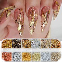 BSBTBZ fragmentos holográficos dorados para uñas, acabado deslumbrante.