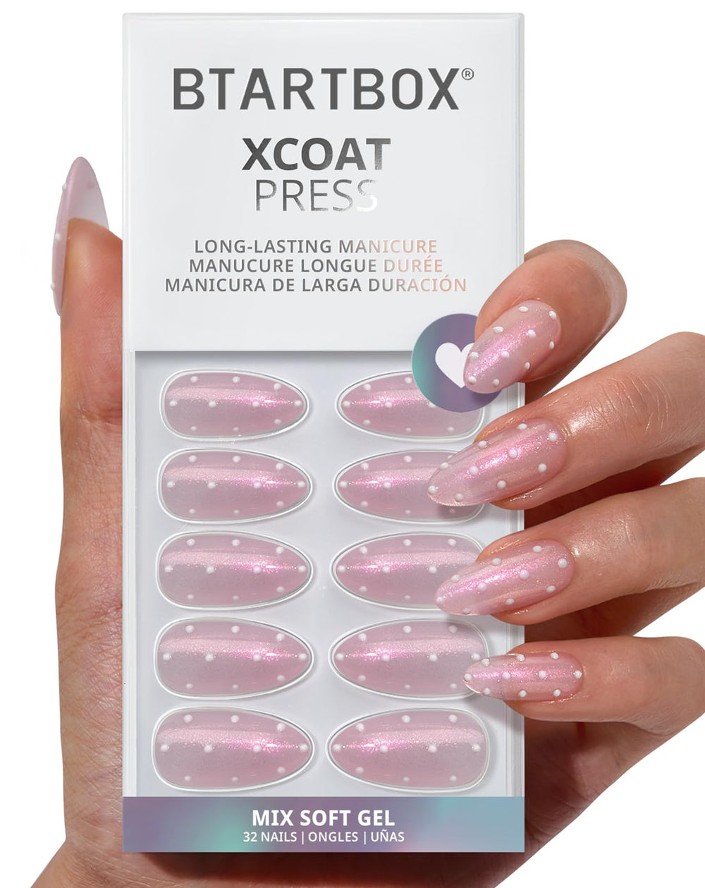 BTArtbox uñas postizas forma almendra con puntos lunares y curado en lámpara; acabado duradero