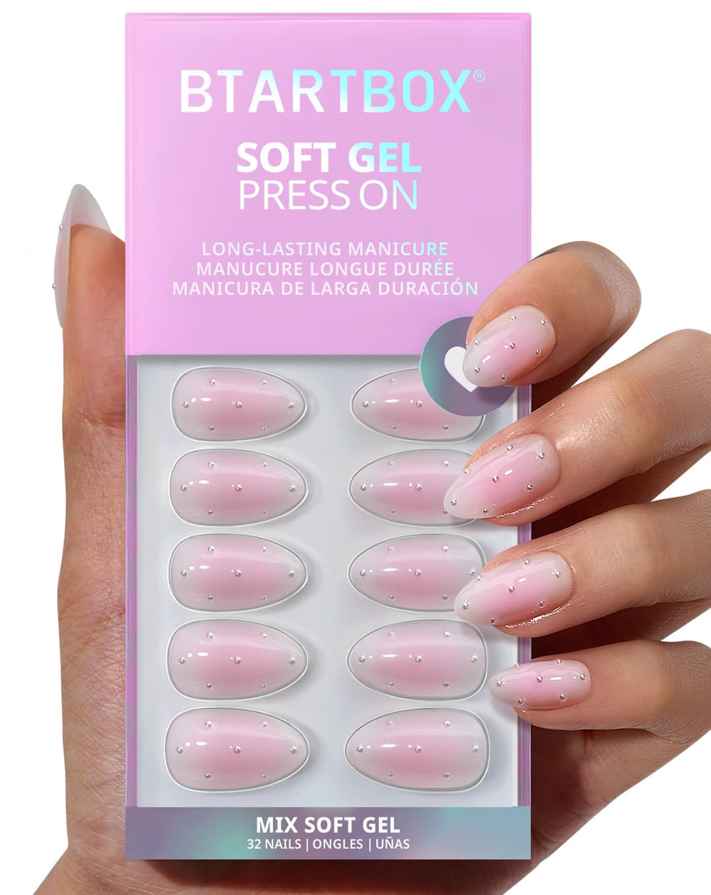 BTArtbox uñas postizas Short Shy Metal con 3D perlas en rosa almendra