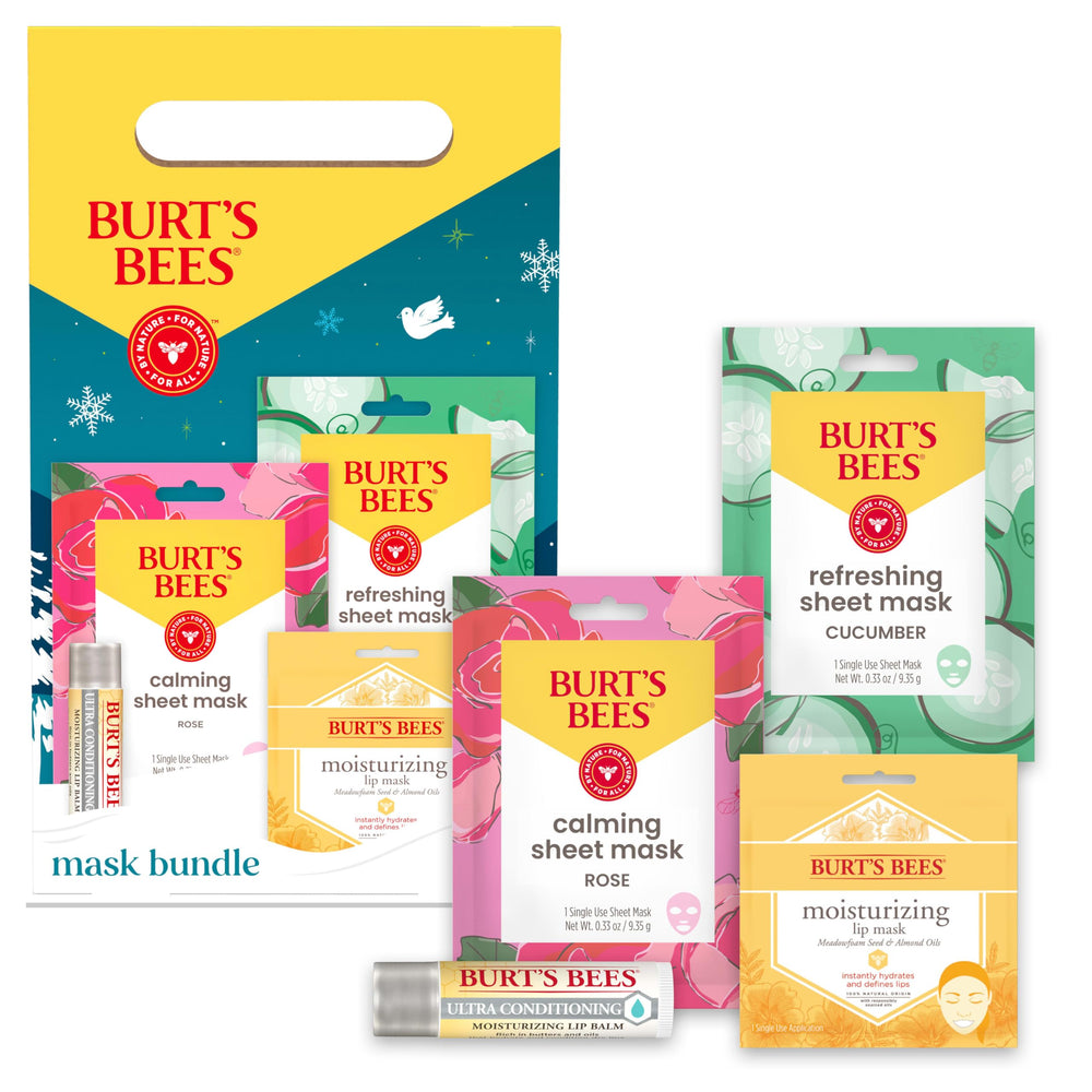 Kit regalo Burt's Bees: empaque navideño con mascarillas y bálsamo labial.