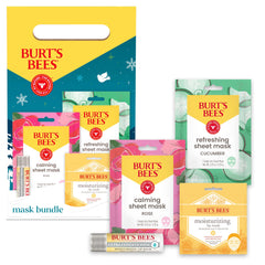 Kit regalo Burt's Bees: empaque navideño con mascarillas y bálsamo labial.