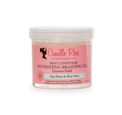 Camille Rose gel para trenzas: botella vertida con efecto mentolado para hidratar y refrescar el cuero cabelludo.