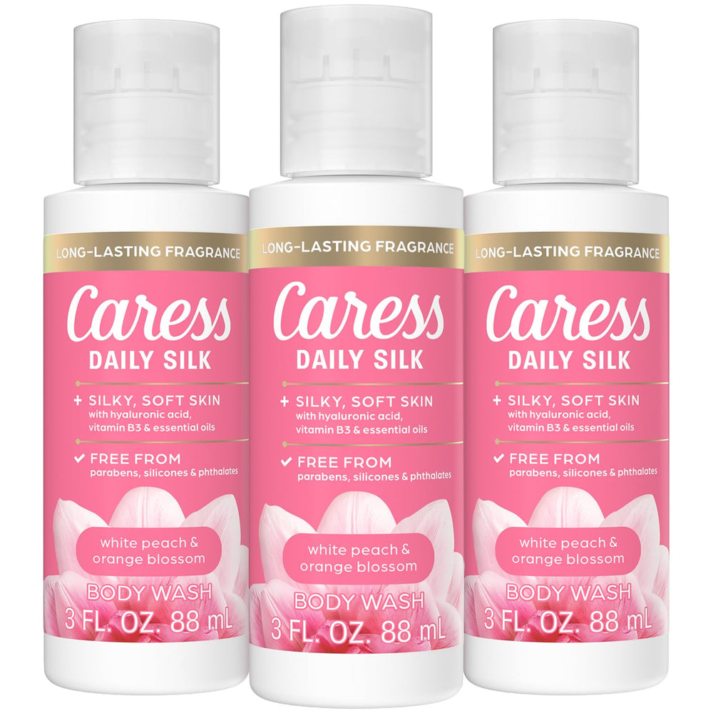 Caress Travel Body Wash Daily Silk en bote de 3oz, ideal para viajes y piel suave.