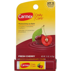 Balsamo labial Carmex SPF15 cereza, aplicación rápida con click.
