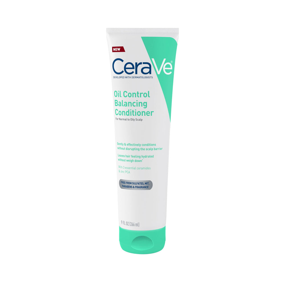 CeraVe Acondicionador equilibrante, botella visible; controla el aceite e hidrata el cabello.