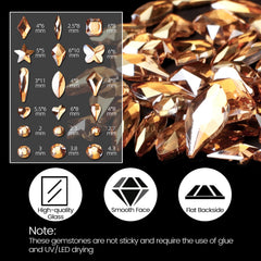 CESUSME cristales con base plana champagne oro, fácil fijación en uñas naturales.