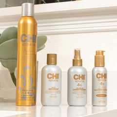 Acondicionador CHI Keratin sin enjuague, botella lateral, hidrata profundamente el cabello.