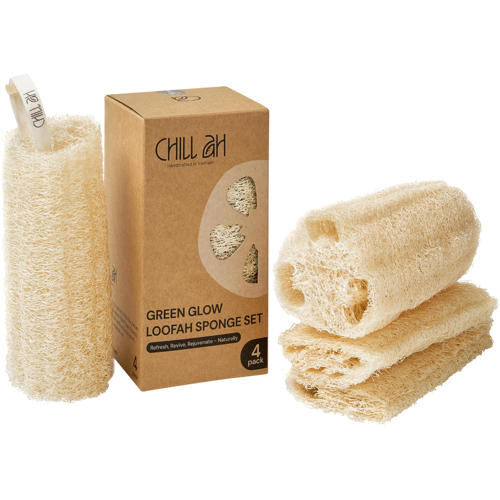 Chill Ah esponja lufa natural, cuatro piezas, exfolia suavemente para piel radiante.