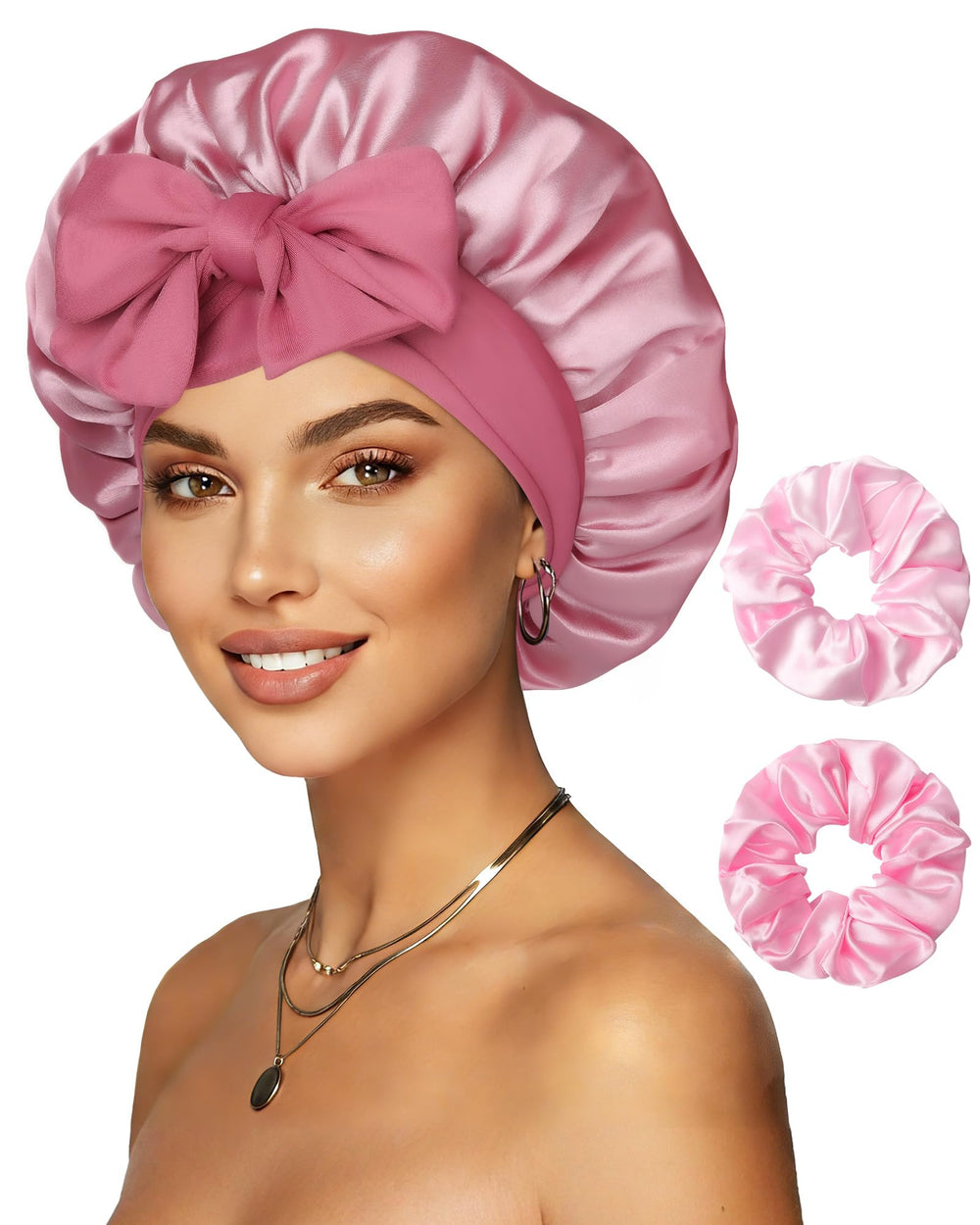 CHLINS bonete satén doble capas en rosa pastel protege el cabello al dormir