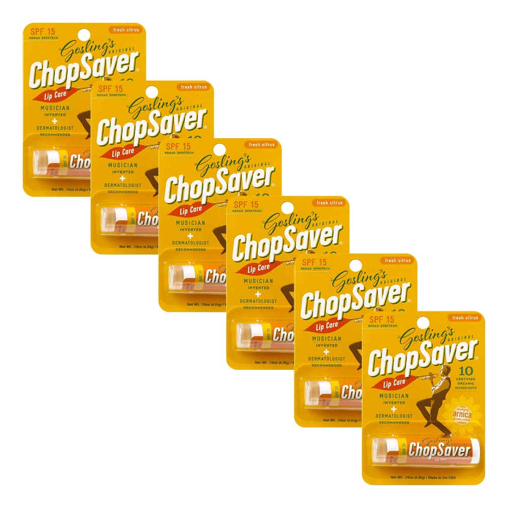 ChopSaver empaque SPF15 protege labios y piel cercana.