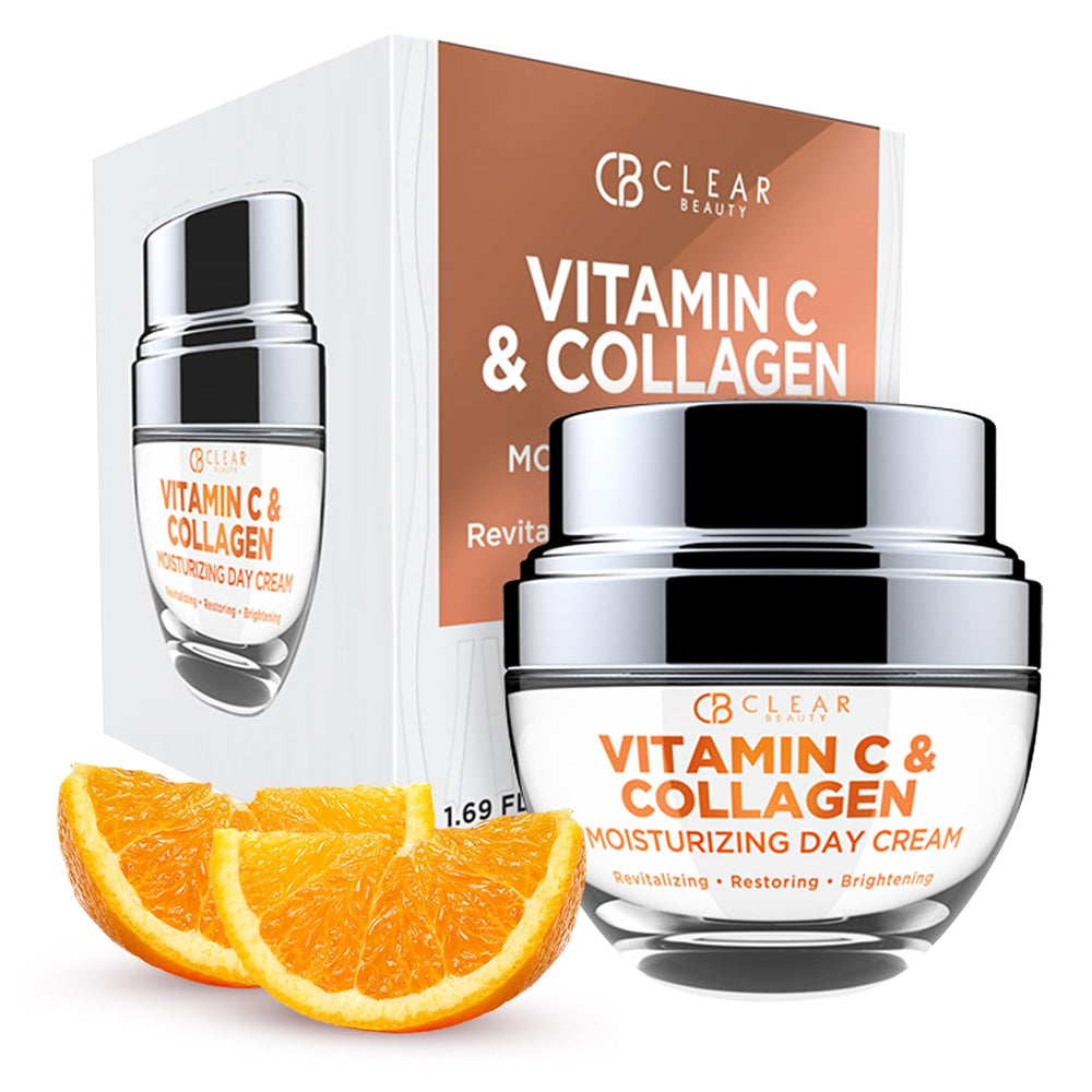 Clear Beauty crema día vitamina C y colágeno, hidratación duradera para piel radiante.