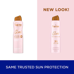Coppertone Glow Shimmer SPF 30 bottle back highlights paraben-free formula