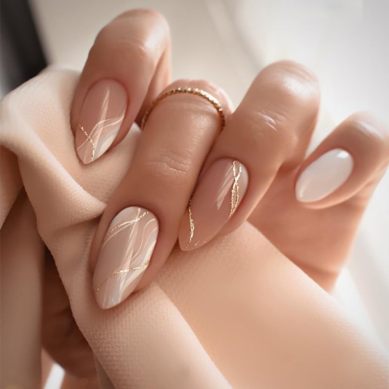CTTHNBD Unas postizas almendra con línea dorada, look elegante para ocasiones.