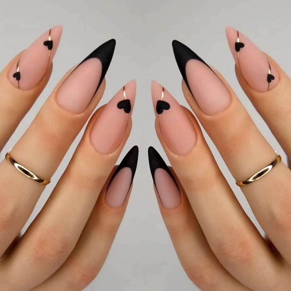 CTTHNBD: uñas postizas de almendra Frances negro con línea dorada para un aspecto elegante y duradero.