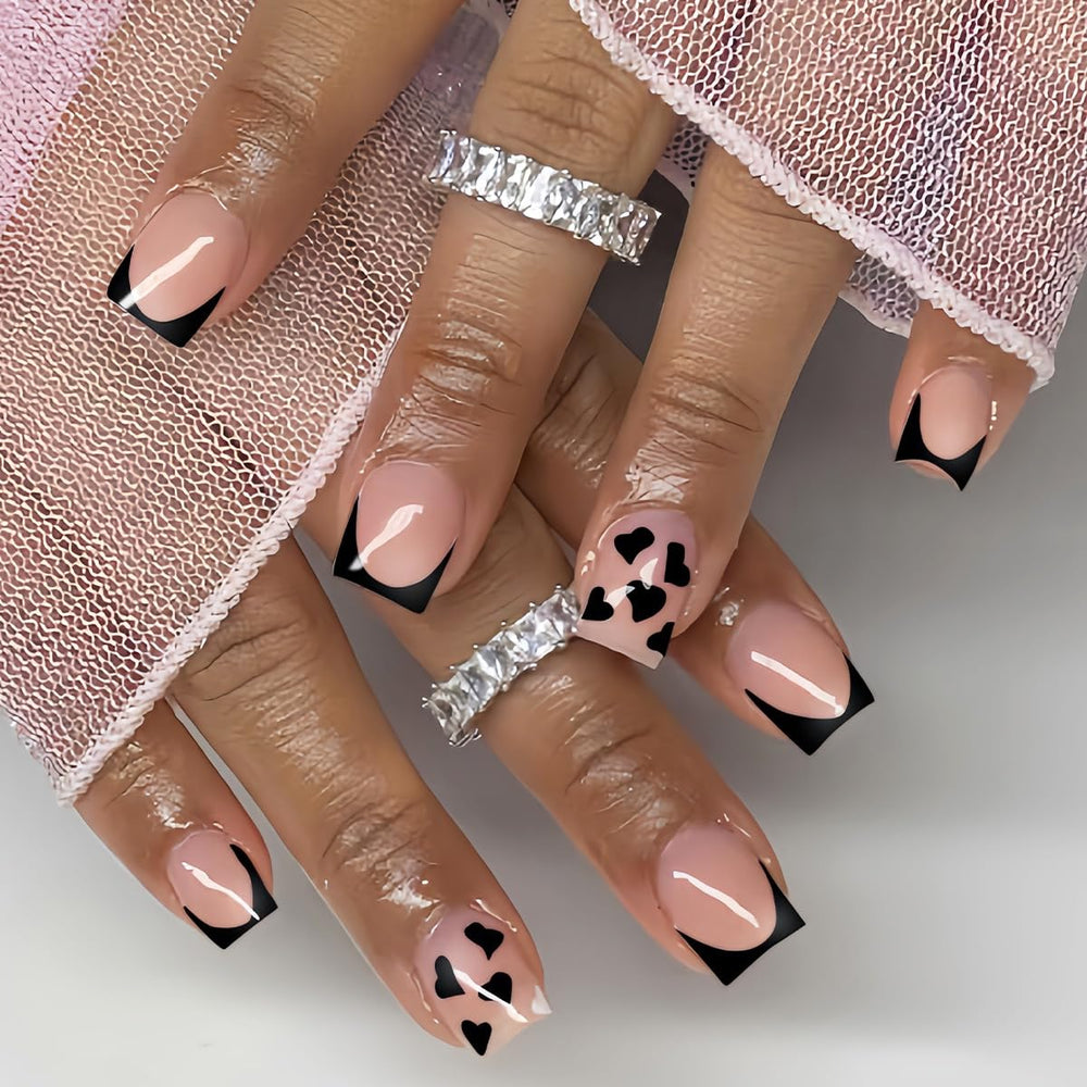 CTTHNBD uñas postizas cuadradas con punta francesa negra y corazón, look elegante.