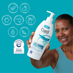 Curél Itch Defense aplicación suave de crema corporal diaria.
