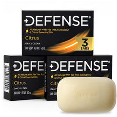 Defense Soap Citrus Bar, empaque de 3 barras para higiene post-entrenamiento.