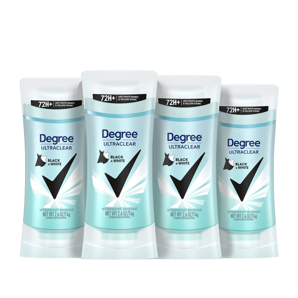 Degree Ultraclear Black+White, pack de 4 barras para uso diario sin manchas.