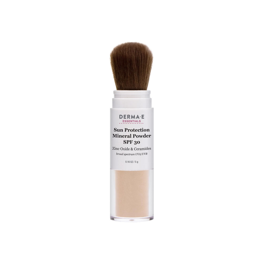 Derma E Mineral Sunscreen Face SPF 30 con aplicador de brocha para aplicación suave y translúcida.
