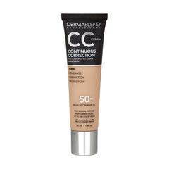 Dermablend Corrección Continua Crema CC en botella, tono uniforme y cobertura duradera.