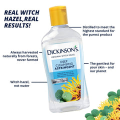 Dickinson's hamamelis, etiqueta orgánica, destaca ingredientes naturales para la piel.