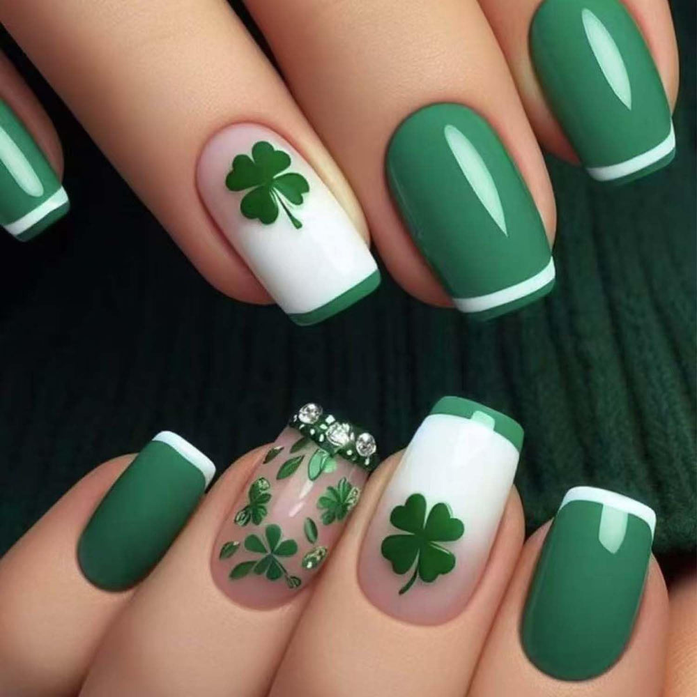 Diowino uñas postizas con cuatro hojas brillantes y cristales, ideal para celebrar Día de San Patricio.