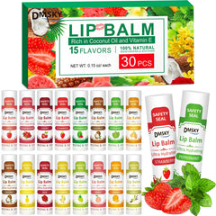 Bálsamo labial DMSKY en estuche de 30 unidades con sabores variados para hidratación diaria.