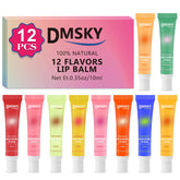 Dmsky brillo labial en paquete de 12 tubos translúcidos para uso diario.