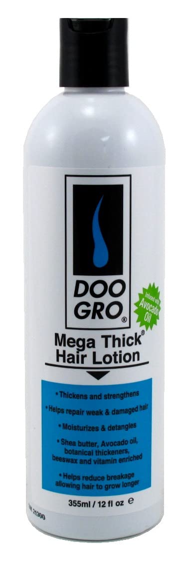 DOO GRO Loción Mega Thick: vista de la botella, hidratación profunda para cabello débil.