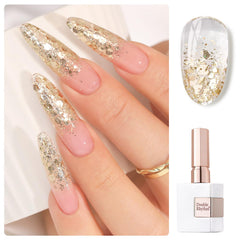 Double Rhythm esmalte gel brillo oro, botella perl blanca con mango dorado