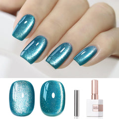 Esmalte gel ojo de gato turquesa de Double Rhythm para uñas con efecto holográfico.