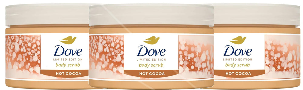 Dove exfoliante corporal de cacao caliente en estuche frontal para exfoliación suave.