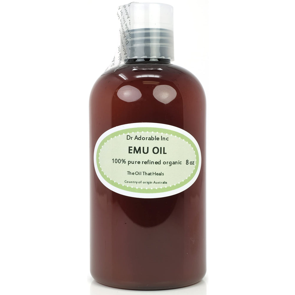 Dr Adorable Aceite de Emú australiano refinado en botella, ideal para cuidado diario.