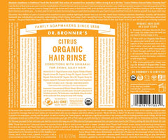 Dr. Bronner's Enjuague Capilar Citrus Naranja, aplicación suave para brillo natural y manejabilidad.