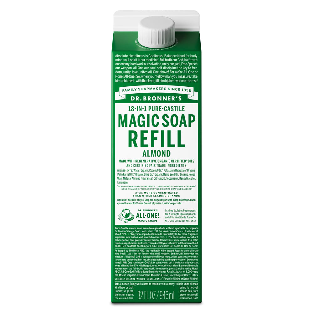 Dr. Bronner’s Jabón Castile Puro en recarga cartón, reduce plástico y cuida la piel.