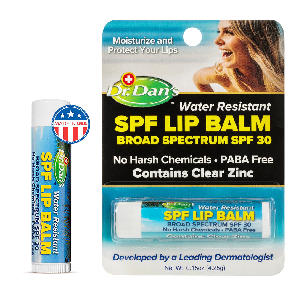Dr. Dan's SPF30 bálsamo labial: envase enfocado para protección diaria de labios.