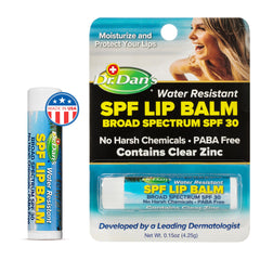 Dr. Dan's SPF30 bálsamo labial: envase enfocado para protección diaria de labios.