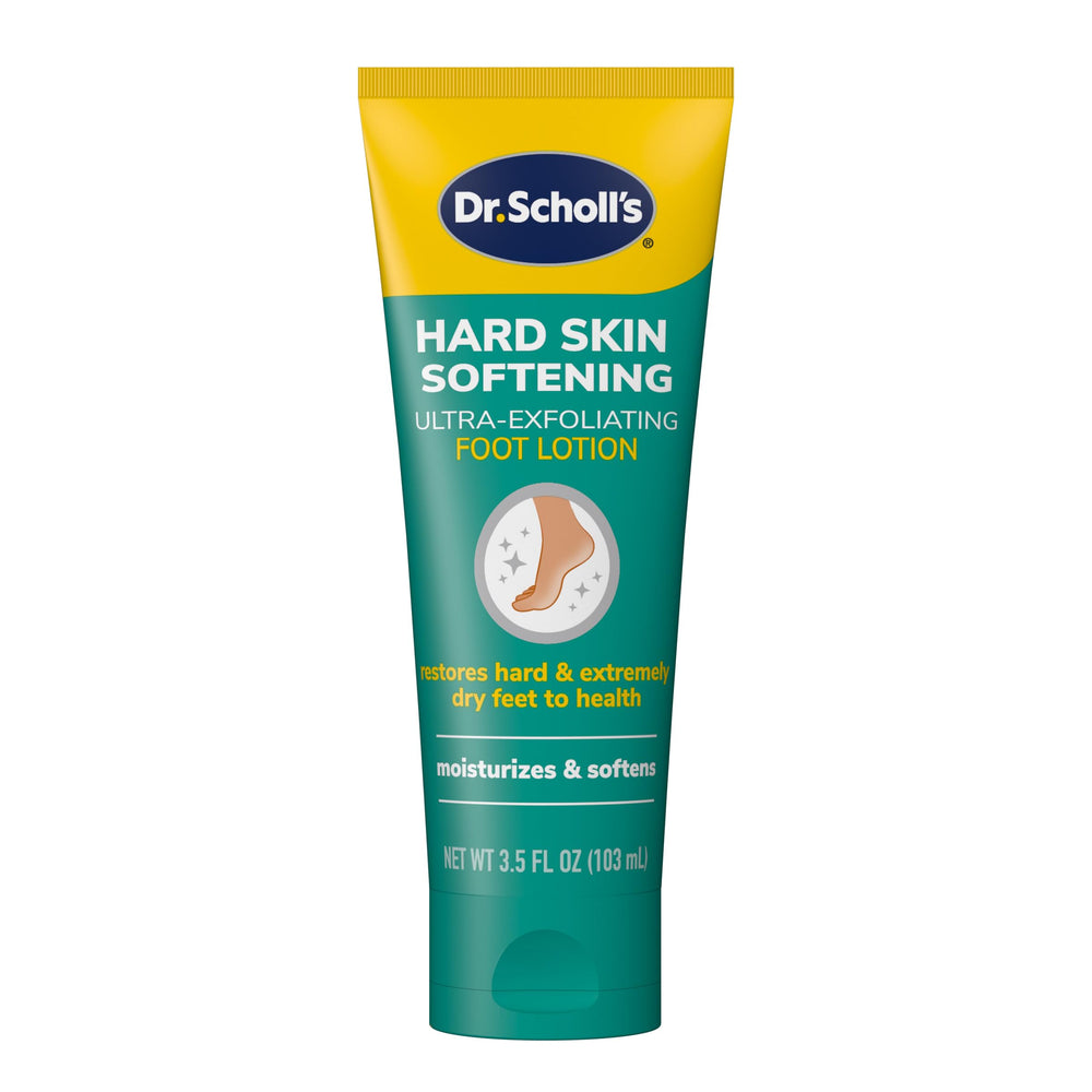 Dr. Scholl's Lotion Pies Ultra Exfoliante, frente del envase, hidratación suave para pies ásperos.