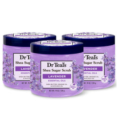 Dr Teal's Shea Sugar Scrub lavanda, empaque visible y hidratación para la piel.