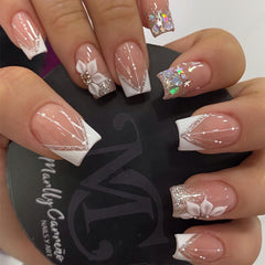 DZPGUONIZ uñas frances flor estrella con brillo para un look elegante en eventos