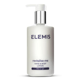 ELEMIS Revitalise-Me loción para manos y cuerpo, frasco vertiendo hidratación profunda.