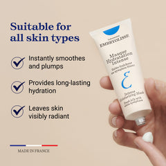 Embryolisse aplicación de mascarilla hidratante para piel sensible y calmada.