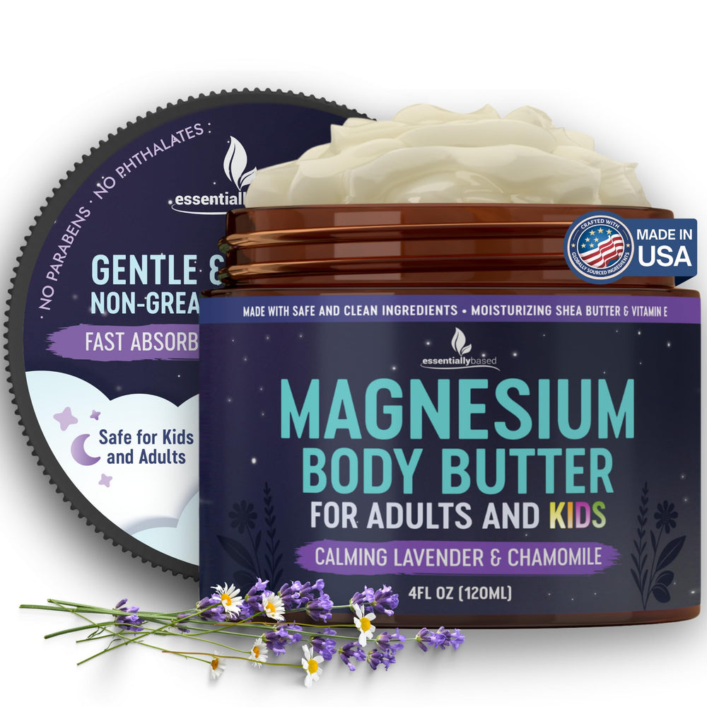 Essentiallybased mantequilla de magnesio para dormir, promueve relajación nocturna.