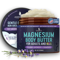 Essentiallybased mantequilla de magnesio para dormir, promueve relajación nocturna.