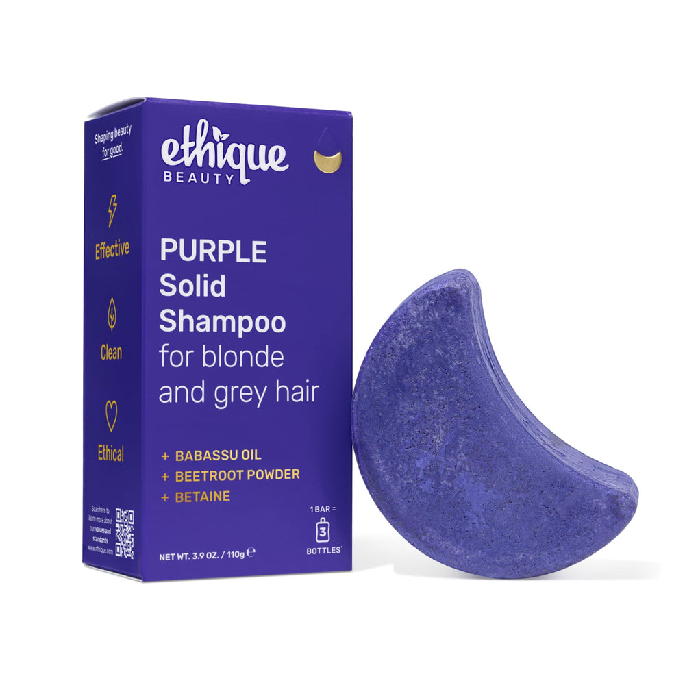 Ethique champú sólido morado con envase sin plástico para un cuidado sostenible.
