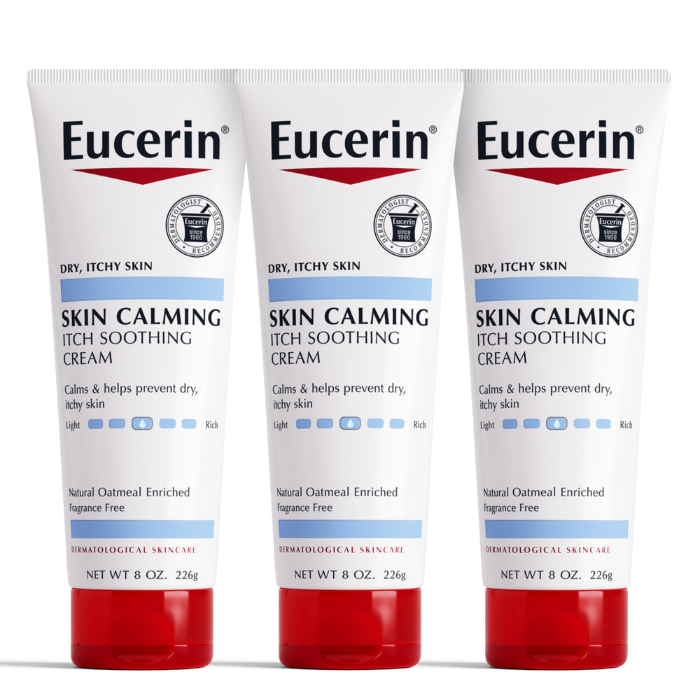 Crema calmante Eucerin en tubos de 8 oz para piel seca y picores.
