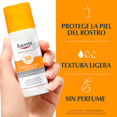 Protector solar Eucerin con ácido hialurónico, hidratación suave.