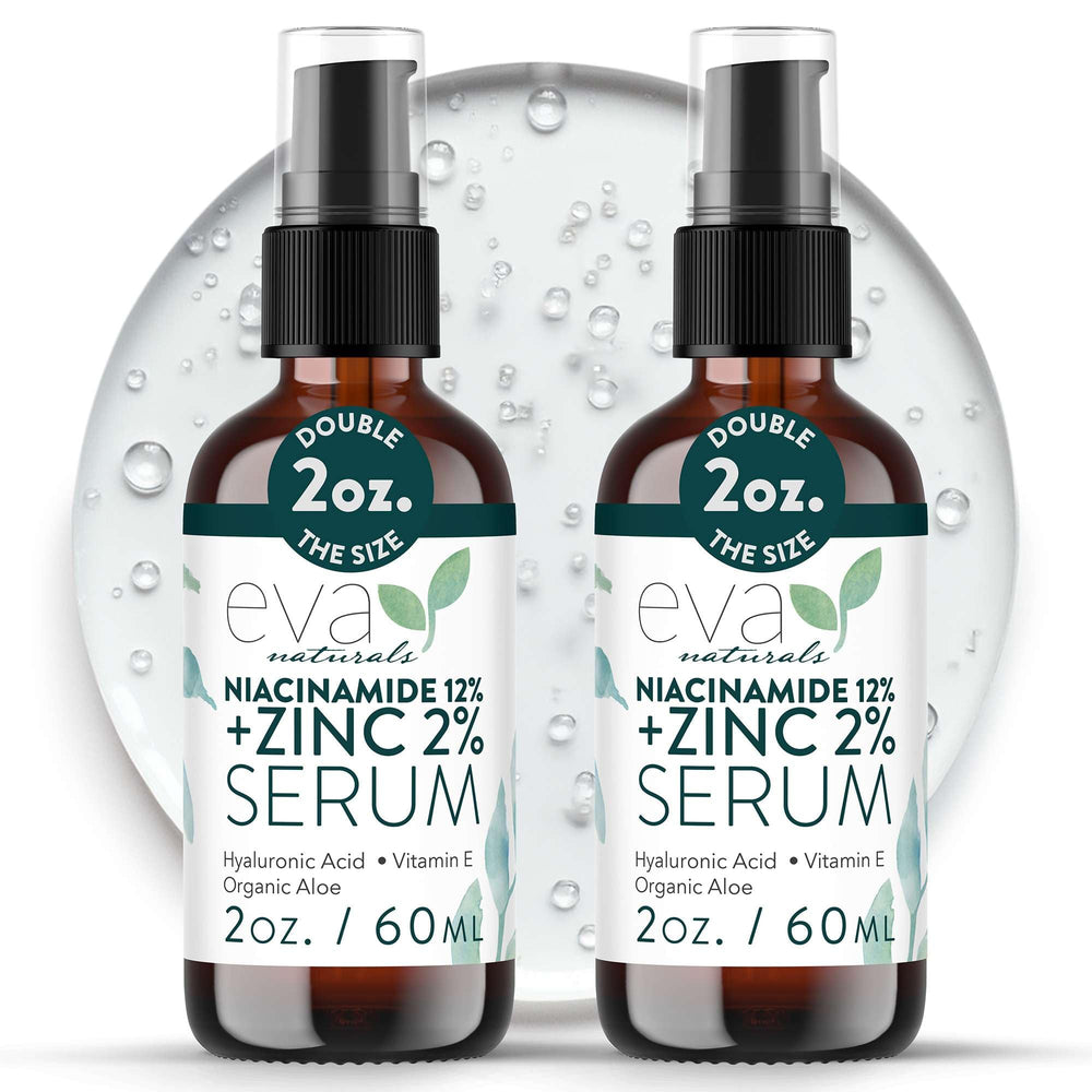 Eva Naturals Niacinamida 12% + Zinc, botella, equilibrio de brillo y textura suave
