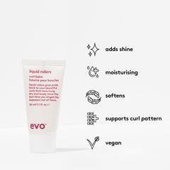 EVO Liquid Rollers Balm aplicación sin enjuague facilita peinado rápido y cómodo.