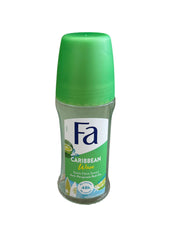 Fa Desodorante Roll-On Limon Caribeño, aplicador cómodo para protección continua.